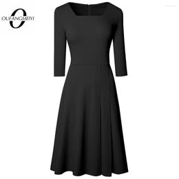 Casual Dresses Spring Women Elegant Solid Color With Square Collar Vintage Fit And Flare Party Swing Dress EA318