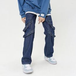 Men's Jeans 2023 Vibe Style Ribbon Blue Straight Men Baggy Cargo Pants Y2K Clothes Side Pocket Hip Hop Gothic Denim Trousers Vaqueros