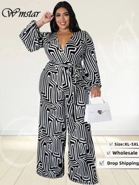 Women's Plus Size Jumpsuits Rompers Wmstar Plus Size Women Print Jumpsuit Summer Printed Lace Up Casual Wide Leg Bodysuit Wholesale Drop 230715