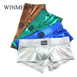 Underpants Men's PU Leather Panties Youth Gold Stamping Elastic Boxer Shorts Underwear Colorful Ice Silk Male Square Trunks