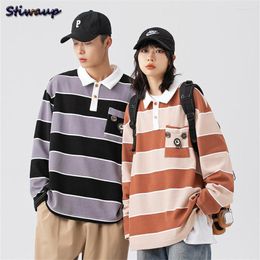 Men's Polos Striped POLO Shirt Top Women Japan Retro Long Sleeve Men Loose Trend Couple Lapel Medal Sweatshirt Preppy Hip Hop Cool Shirts