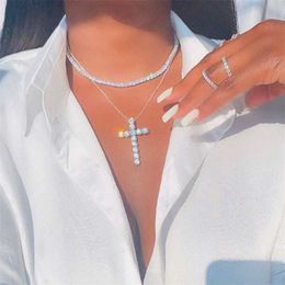 Pendant Necklaces Punk Silver Colour Cross Rhinestone Necklace for Women Multi Layer Crystal Chain Fashion Statement Jewellery Gift 230613