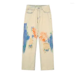 Men's Jeans 2023 Arrival Hand Painted Graffiti Hole Ripped Straight Men Pants Hip Hop Women Casual Denim Trousers