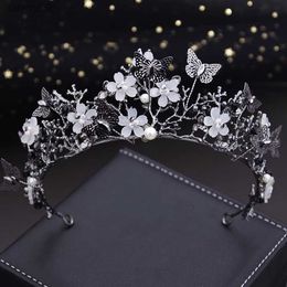 Black Colours Handmade Butterfly Crown Headdress Girls Bridal Tiaras Green Wedding Dress Jewellery Hair Accessories L230704