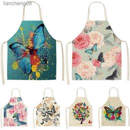 Butterfly Printed Pattern Kitchen Aprons Cotton Linen 68x55cm Aprons for Women Home Cooking Cleaning Baking Accessories Delantal L230620