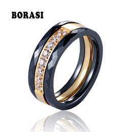 3pcs/Set New Hot Black Pink White Ceramic Rings Stainless Steel Ceramic Three Lines Wedding Ring With Crystal Jewellery For Women