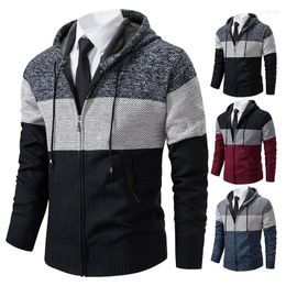 Men's Sweaters Sweater Cardigan Autumn Winter Striped Fleece Hooded Coat Thick Warm Jumper Jackets With Cap Y2K Male Clothing