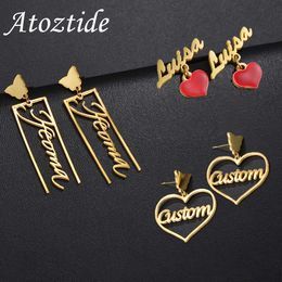 Stud Atoztide Personalised Custom Name Stud Earrings for Women Stainless Steel Nameplate Butterfly Heart Letter Birthday Jewellery Gift J230717