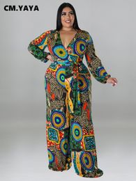 Women's Plus Size Jumpsuits Rompers CM.YAYA Plus Size Women Paisley Black Hole Curve Long Sleeve Wrap Vneck Jumpsuit Street Party Set Overall Playsuit 230715