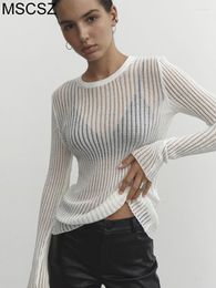 Women's Knits White Long Sleeve T-shirt Women See Through Knitted Top Y2K Streetwear Hollow Out Knitwear Tee Shirts Woman Winter Autumn 2023