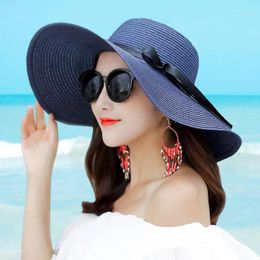 Wide Brim Hats Foldable Floppy Sun Hat For Women With Bow Ribbon Straw Beach Summer Girls UV Protect Travel Cap Female