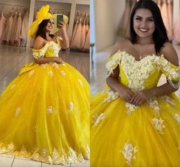 Yellow Quinceanera Gorgeous Dresses Lace Applique Beaded Tulle Off the Shoulder Handmade Flowers Custom Made Sweet 16 Princess Pageant Prom Ball Gown Vestidos