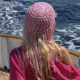 Beanie/Skull Caps Women's Handmade Crochet Hats Y2k Fashion Fascinating Hollow Beanie Hat Cap with Beads Tassle Decoration Chic Hat 230717