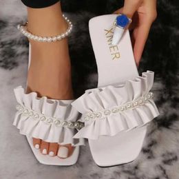 Slippers Faux Pearl Ruffle Decor Single Band Design Slides Sandals Women Flat Sandals 2023 Summer New Casual Women Slippers Shoes L230717