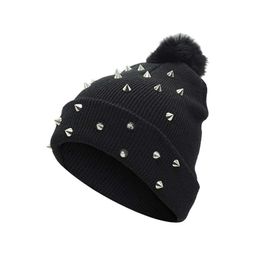 Beanie Skull Caps Women Punk Rivet Winter Hat Black Big Pom Fashion Knitted Wool Thick Warm Ladies170G