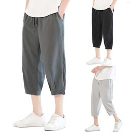 Men's Pants Slim Straight Ice Silk Seven Summer Casual Breathable High Waist Open Back Pocket Jumpsuit Gift Boy 12