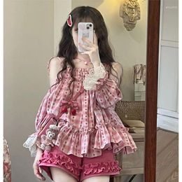 Women's Tracksuits WDMSNA Pink Japanese Kawaii Two Piece Set Women Summer Sweet Lolita Shorts Suit Female Print Shoulder Blouse Wide-leg