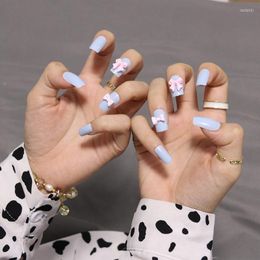 False Nails 24pcs Fake With Glue Mid-length Light Blue Butterfly Wearing Nail Stickers Finished Press On Design