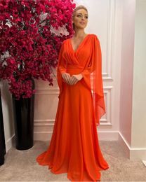 Classic Long Sleeve Pleated Evening Dresses A-Line Orange Chiffon Floor Length Vestidos de noche V-Neck Mother of the Bride Dresses for Women