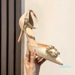 Designer Sandals Small One-line High-heeled Shoes Women's Thin Heel Rhinestone Sexy Hollow Single