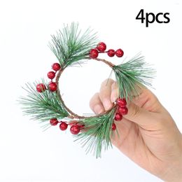 Decorative Flowers 4 Pieces Candle Rings With Artificial Red Berries Garland For Party