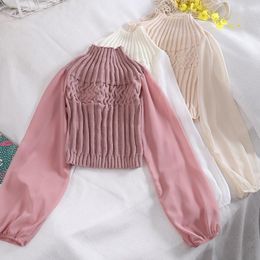 Women's Sweaters Knitted Braid Pattern T Shirt Mesh Chiffon Puff Sleeve Crop Top Women Lovely Slim Camiseta Feminina Camisa Mujer