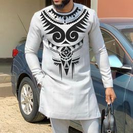 Men's Tracksuits Brand African Man Outfit Set Gray Patchwork Tops Design Printed Men's Sets Shirt With Pant African Fashion Male Groom Suits 230715