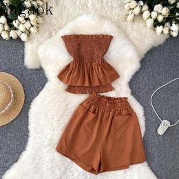 Women's Tracksuits Gagaok Hong Kong Style Set Two-piece Summer French Bra Sleeveless Ruffled Top High Waisted Wide Leg Shorts