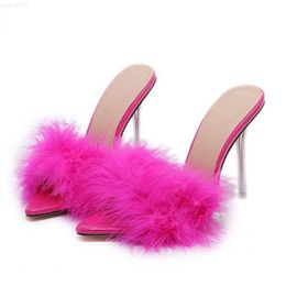 Slippers Comemore Woman Slippers Perspex High Heels Stiletto Peep Toe Mules Lady Slides Shoes Transparent Heel 41 Summer New Sexy Feather L230717