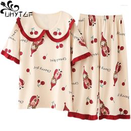 Women's Sleepwear UHYTGF 5XL Large Size Pajama Women Print Thin Cotton Home Clothes Girls Short Sleeved Summer Two-Piece Set Female 2636