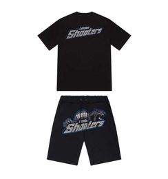 Summer new Trapstar London shooter short-sleeved t shirt suit chenille decoding black ice Flavour Motion current round neck T-shirt shorts Loose running clothes321