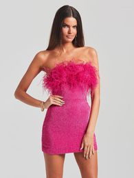 Casual Dresses Sexy Strapless Sequins Feather Bodycon Mini Dress Elegant Purple Shiny Sequin Luxury Evening Women Party Cocktail