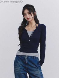 Women's Knits Tees Long sleeved T-shirts Women's Simple Retro Fit Patch Work Design Cutting Office Women's BF Street Clothing Full Matching Casual Top Fashion Z230717