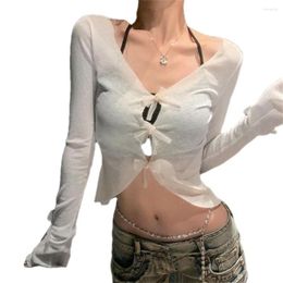 Women's Knits 2023 T-shirts Women Solid Bow Summer Sunscreen Basics Leisure Lovely Sexy Ladies Korean Style Retro Elegant Simple ZY8325