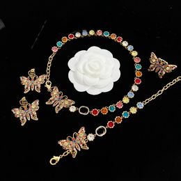 Colorful gemstone Crystal inlaid neck chain bracelet chock necklace earrings set For Woman diamond encrusted gem butterfly fashion jewelry supply CGS11 -03