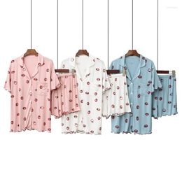 Women's Sleepwear The Modal Fresh Lovely Wood Ear Ladies Pajamas Strawberry Print Loose Short-Sleeved Shorts Lapel Cardigan Suit Summer