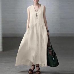 Casual Dresses Women's Loose Pleated Sleeveless Cotton Linen Dress Retro Women Clothing Fashion Summer