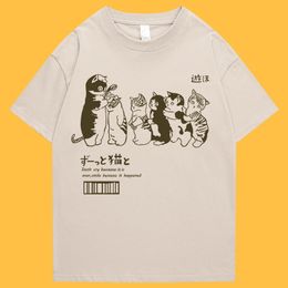 Animals Tshirt Cotton Short Sleeve T Shirt Hip Hop Cat Shower Street Print Men's Oversized 2023 Summe Japanese T Shirts Clothing