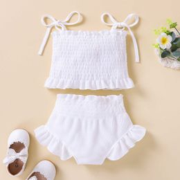 Clothing Sets Infant Baby Girls Two-Piece Clothes Outfit Tie-Up Strap Sleeveless Ruched Solid Color Tops and Shorts