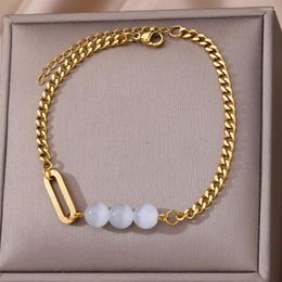 Anklets White Opal Ball Charm For Women Gold Color Stainless Steel Cuban Chain Ankle Bracelet Female Foot Jewelry