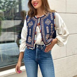 Women's Jackets Blue Sleeveless Floral Embroidered Vest For Women 2023 Waistcoat Vintage Fashion Trendy In Casual Chic Stylish Retro