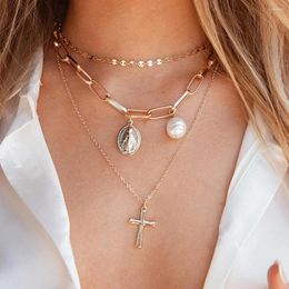 Pendant Necklaces Fashion Gold Color Virgin Mary Portrait Cross Faux Pearl For Women Vintage Female Necklace Jewelry Gift
