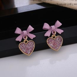 Dangle Earrings Elegant Purple Crystal Heart 2023 Fashion Korean Lovely Bow Drop Romantic Girls Women Party Jewelry