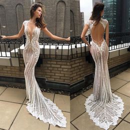 Sexy Berta 2020 Illusion Top Mermaid Wedding Dresses Deep V Neck Lace Appliqued Bridal Gowns Vestido De Novia Cap Sleeve Beach Wed2456