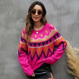 Women's Sweaters Womens Fluorescent Powder Sweater Spring Autumn Raglan Sleeve Geometric Jacquard Casual Loose Knitted Pullover Tops Jumpers L230718