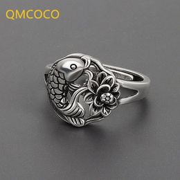 QMCOCO Lotus Fish Ring Female INS Style Vintage Open Adjustable Carp Ring Made Old Geometry Silver Colour Fine Jewellery Gift