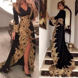 Kaftan Dubai Style Muslim Evening Dresses Long Sleeves Black Velour Gold Appliques Ladies Formal Prom Gowns Abiye Gece Elbisesi2552