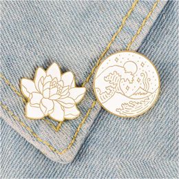 Pins Brooches Lotus Flower Wave Starry Night Enamel Pin Badge Brooch Bag Clothes Lapel Cartoon Plant Moon Nature Jewellery Gift For F Dhjyw