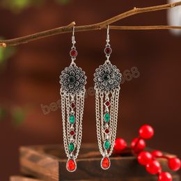 Vintage Ethnic Silver Color Flower Earrings Boho Colorful Zircon Long Chain Tassel Earrings for Women Wedding Party Jewelry