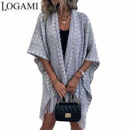Women's Sweaters LOGAMI Autumn Winter New Crocheted Hollow Knitted Fringed Cape Shl Sweater Women's Cardigan L230718